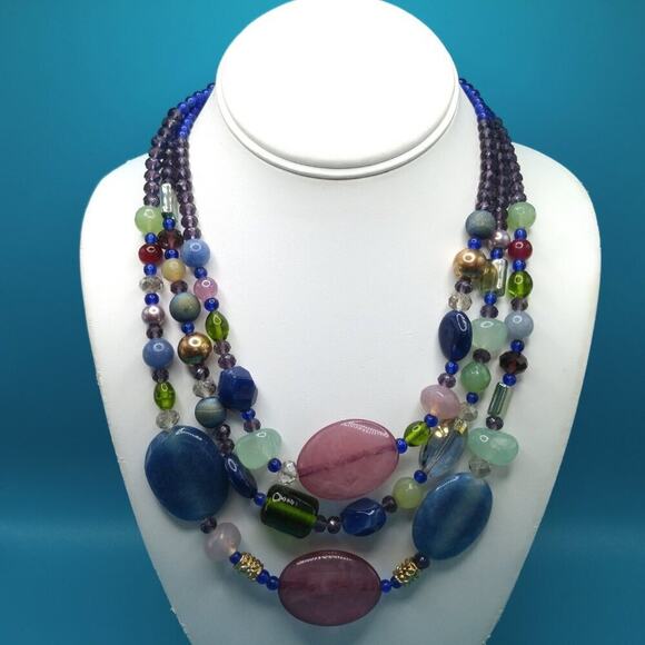 Chico’s Three Strand Gemstone Glass Beaded Necklace Blue Green Purple 22” - Picture 3 of 10
